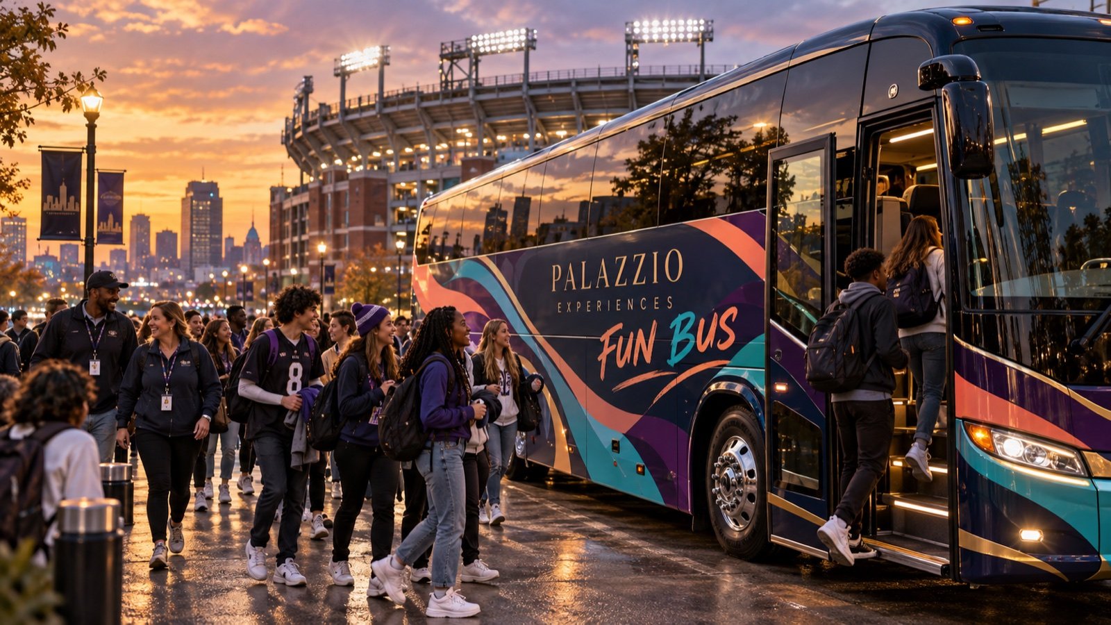 Palazzio Experiences Fun Bus welcoming students for a supervised football game-day trip